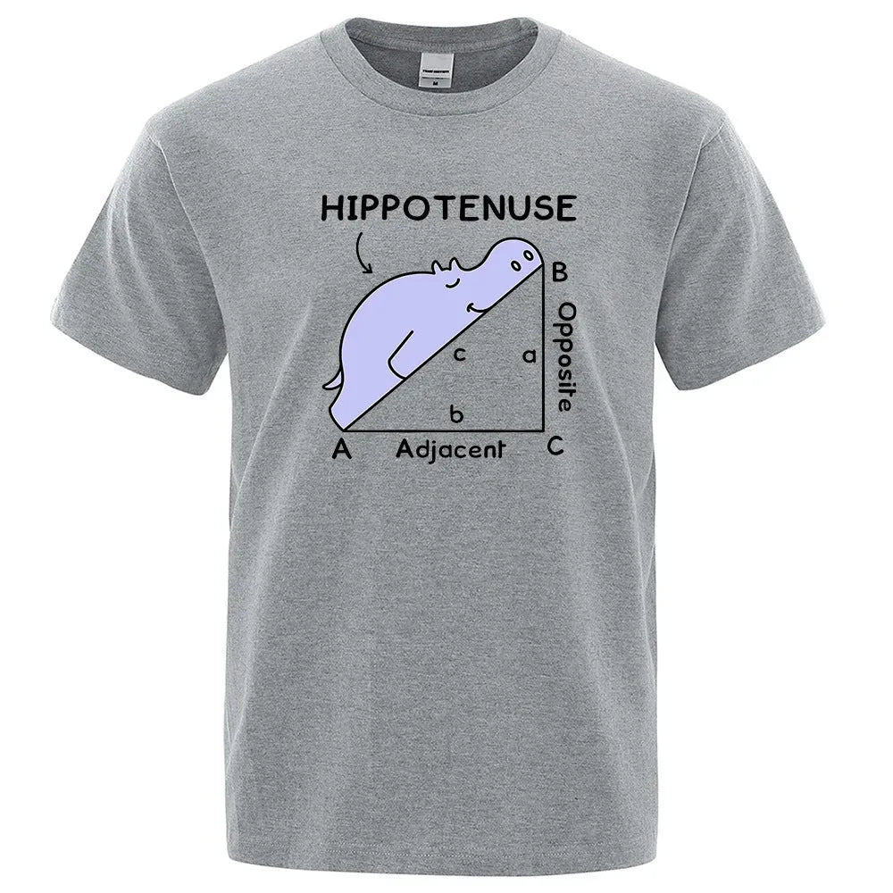 Humorous Hippotenuse Opposite Adjacent graphic printed on a loose-fit cotton T-shirt.
