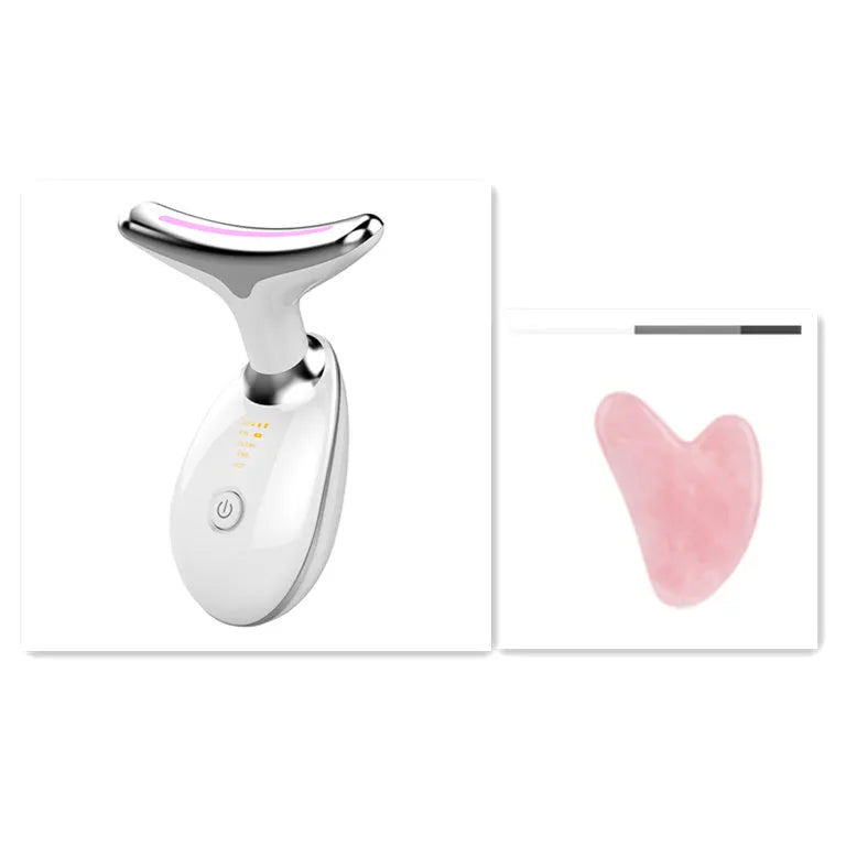 Black and silver EMS thermal neck lifting massager with LED lights for skin tightening and wrinkle reduction.