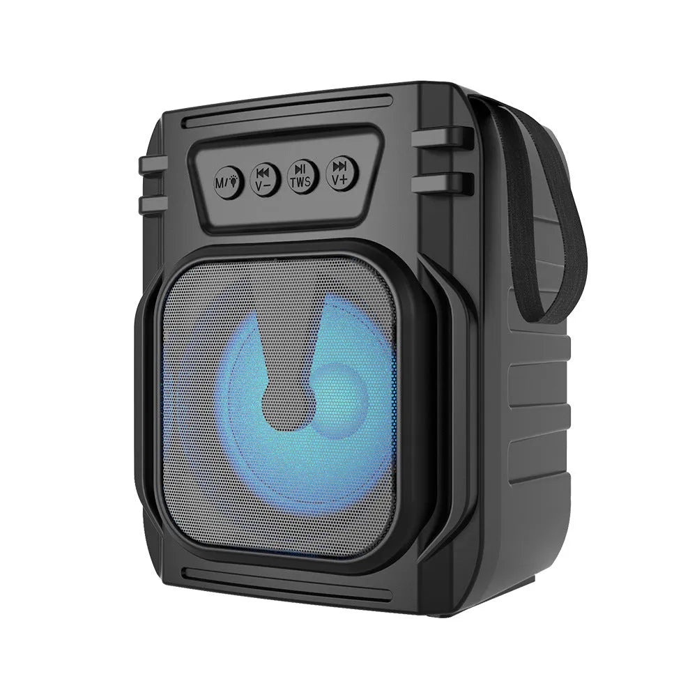 Portable Bluetooth speaker in colour 3107 shown next to its USB charging cable.