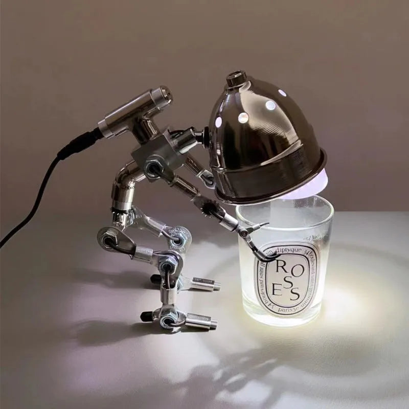Silver copper robot desk lamp with custom graphics in 22cm or 29cm sizes with UK plug