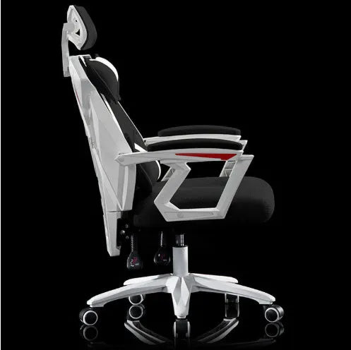 Black frame gaming chair with mesh fabric, nylon frame, double pillows, and reclining model steel feet