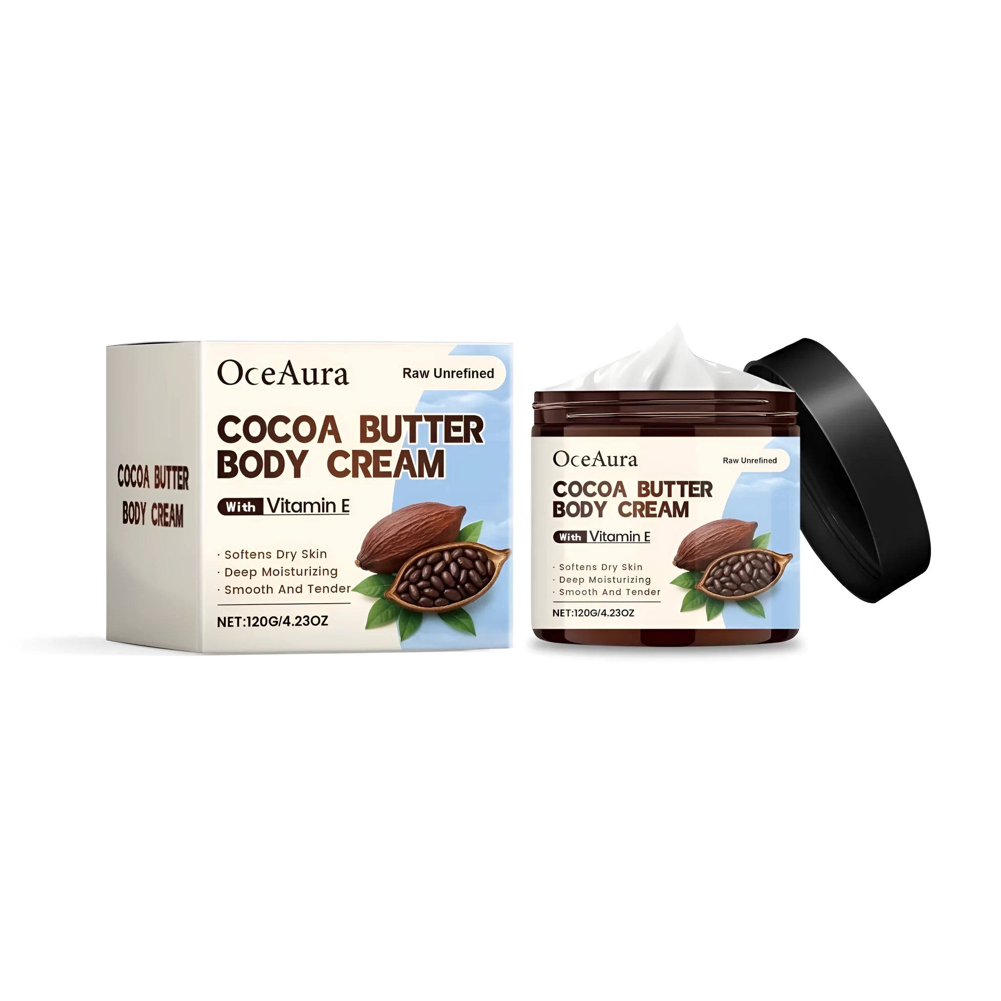 A 120g tube of cocoa butter body cream for dry skin, with vitamin E and coconut oil.