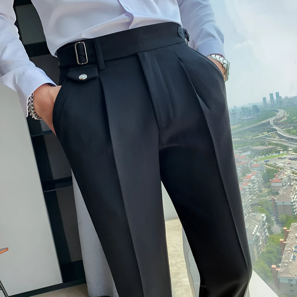 Straight-leg casual trousers in polyester fabric shown in a solid colour on a model.