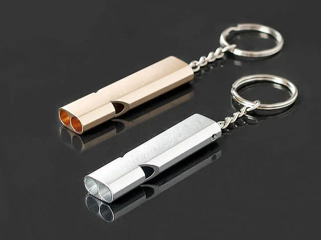 Silver aluminium alloy double-hole survival whistle with cylindrical design and lanyard loop