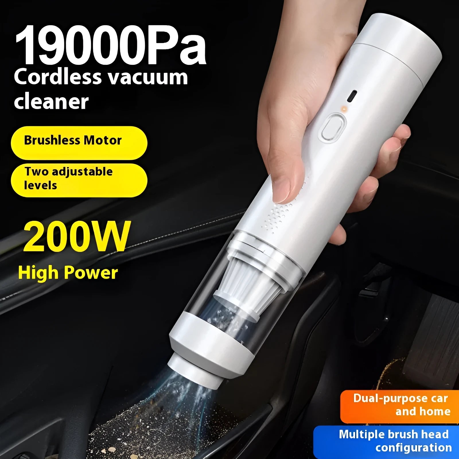 Rechargeable handheld car vacuum with air blow nozzle and optional buggy bag in white