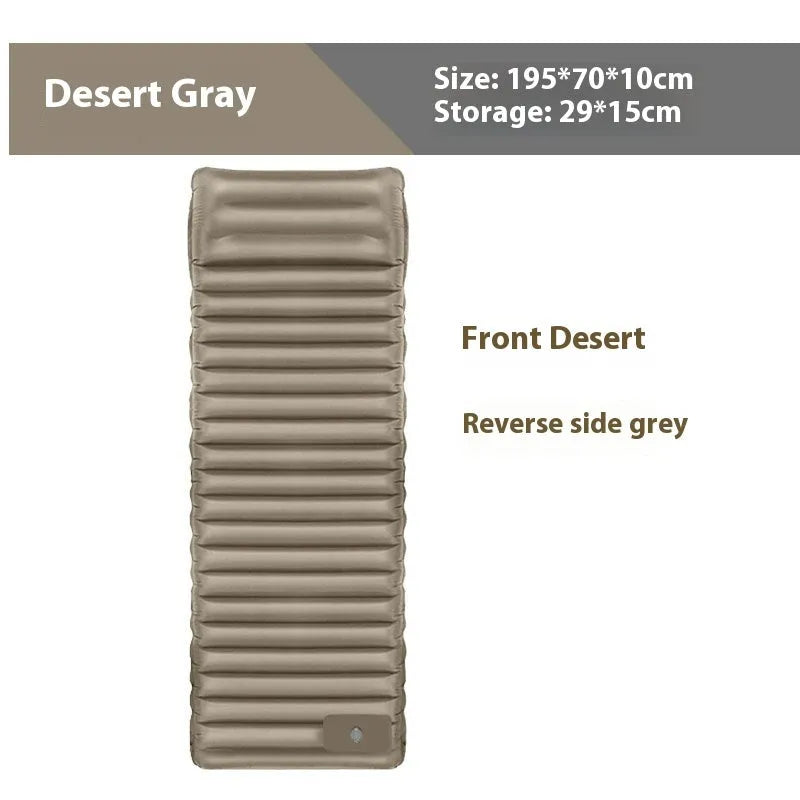 Single person inflatable camping mattress in grey colour, shown expanded to 195cm length.