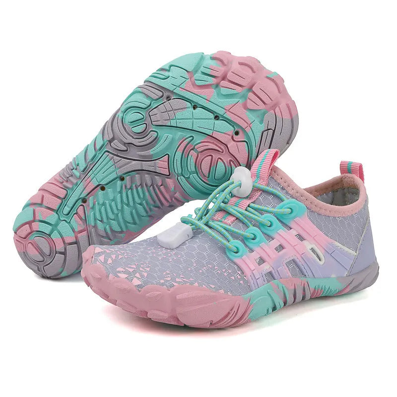 Children's quick-drying hiking wading shoes with non-slip rubber sole, breathable upper, in black and pink, sizes 26-38