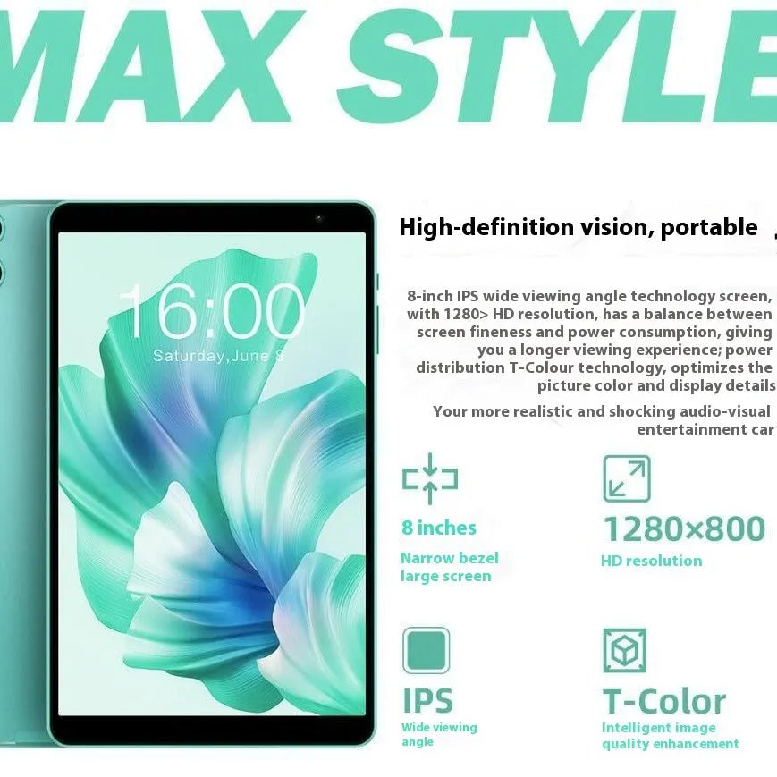Android 13 tablet 8-inch HD screen green colour eight-core processor 4GB RAM 64GB storage dual camera