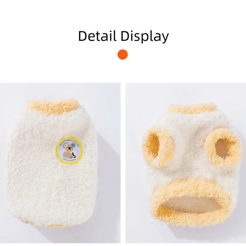 Yellow two-legged fleece pet coat with koala patch for small dogs and cats, sizes XS to XXL.
