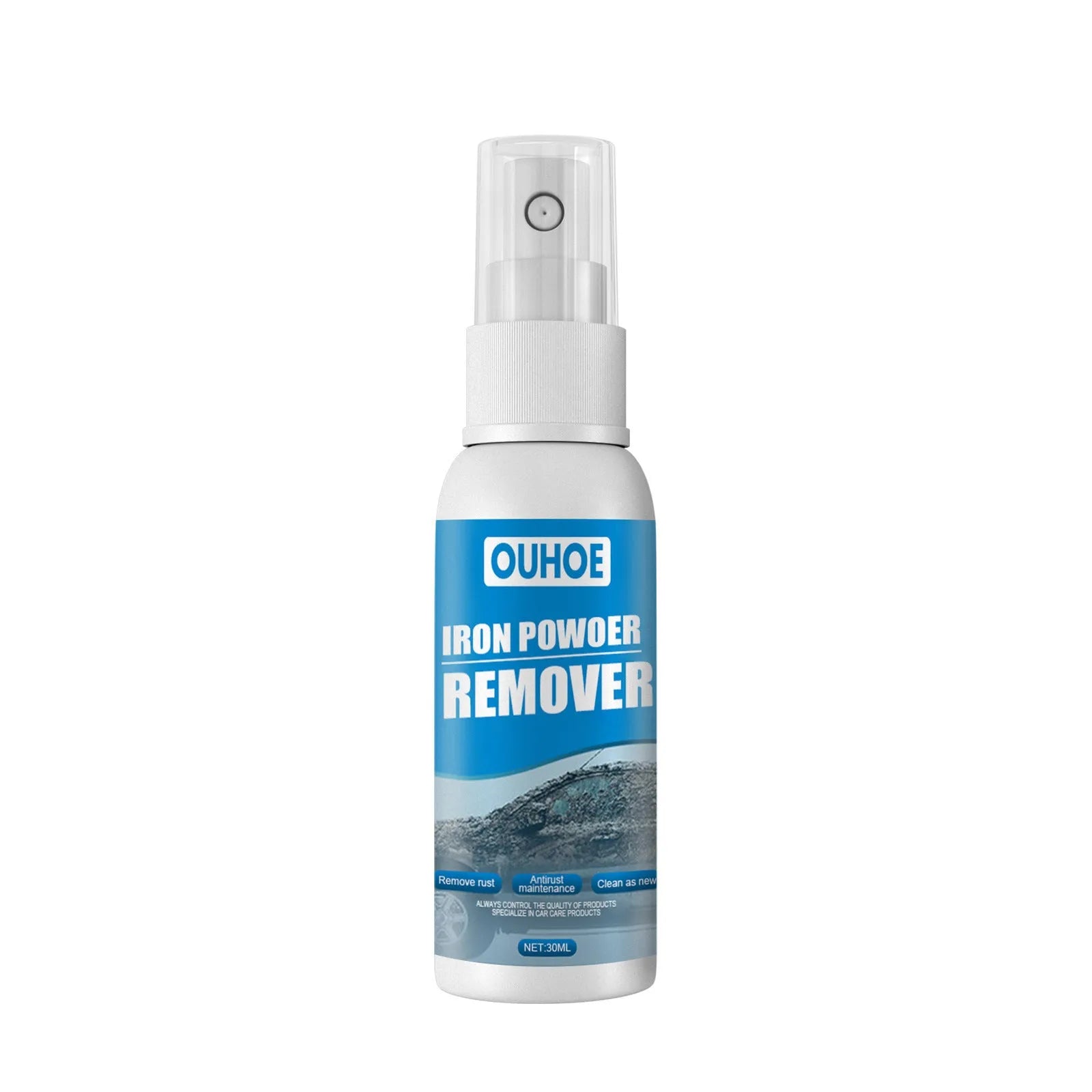 Automotive iron powder rust remover spray bottle in 30ml or 100ml size with blue sponge or towel applicator.