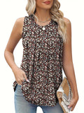 Plus size woman wearing a loose-fit black floral print sleeveless vest, showcasing the round neckline and textured collage stitching detail.