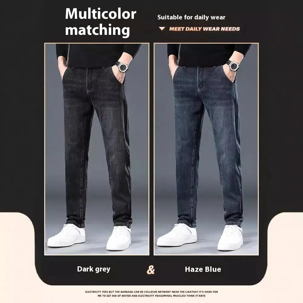 Men's slim straight casual trousers in blue grey colour showing loose fit and pencil-leg style.