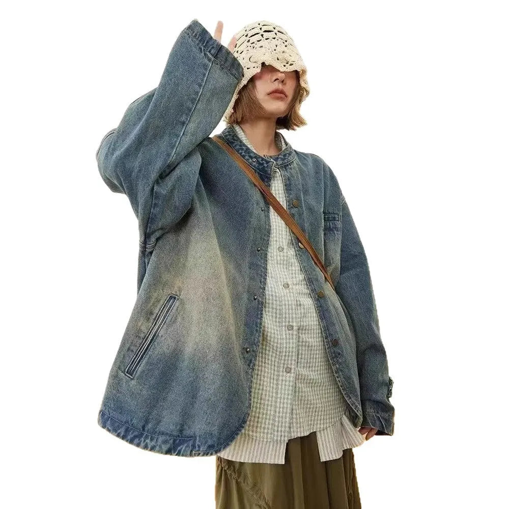 Loose casual commuting top for women, blue, long sleeve, straight hem, sizes M-2XL