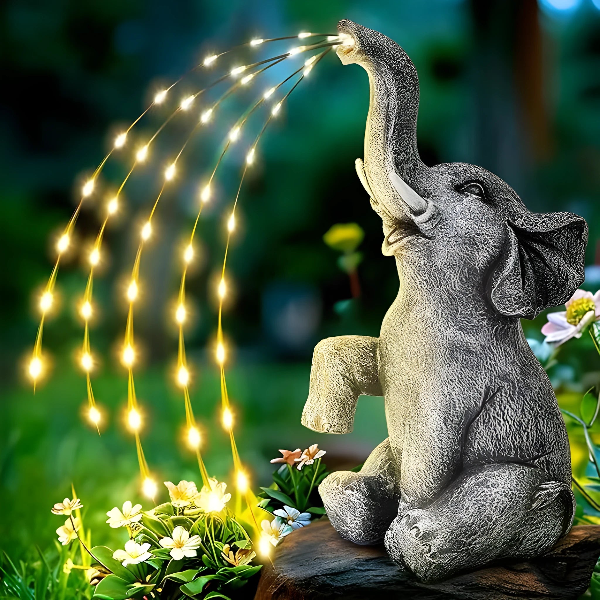 Grey resin elephant garden statue with warm white LED light glowing at its base on a patio.