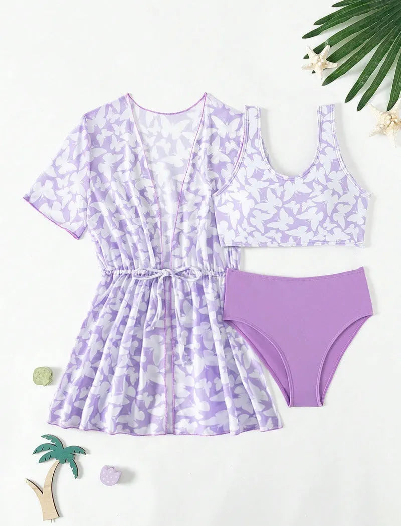 Three piece split swimsuit set for girls in colour 3218, includes coat, vest, and briefs.
