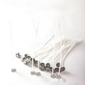 White cotton candle wicks showing tightly woven construction in three lengths: 2.6cm, 6cm, and 8cm