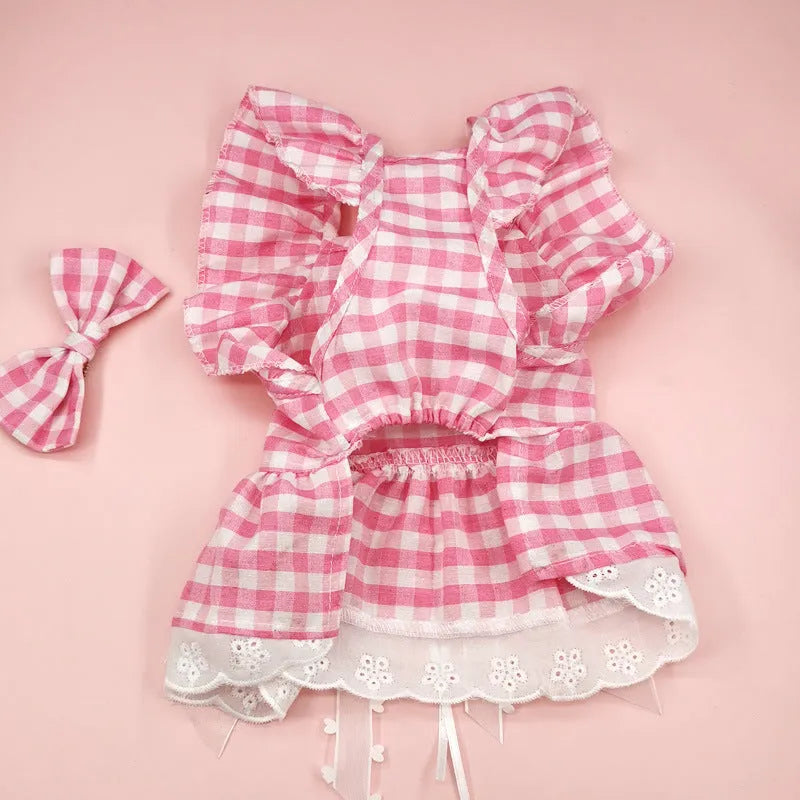 Dog skirt set with lace trim and bow necklace in black daisy, pink daisy, or pink plaid bow, sizes XS to XL