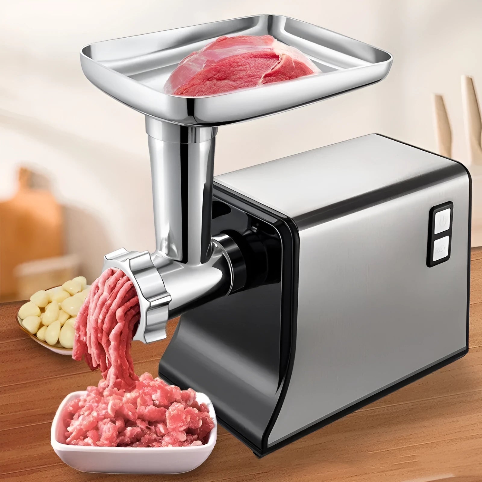 Silver meat grinder with double mixing blade, aluminium tray, and attachments on countertop