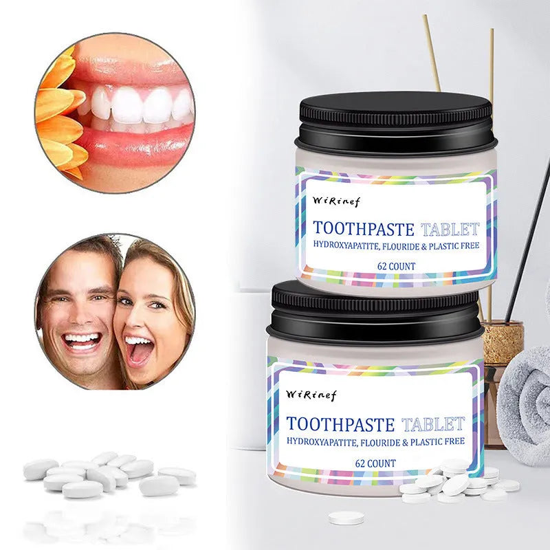 Pack of 62 solid, chewable portable toothpaste tablets for cleaning on the go