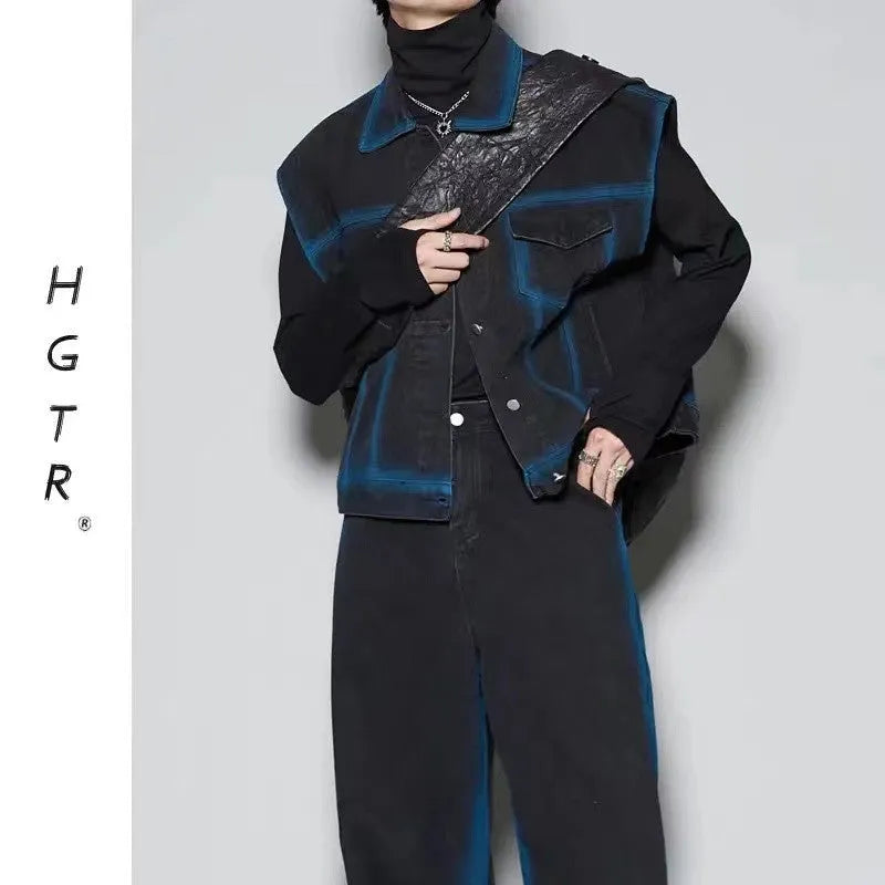 Distressed blue vest and jeans two-piece suit with spray colour gradient and fleece lining