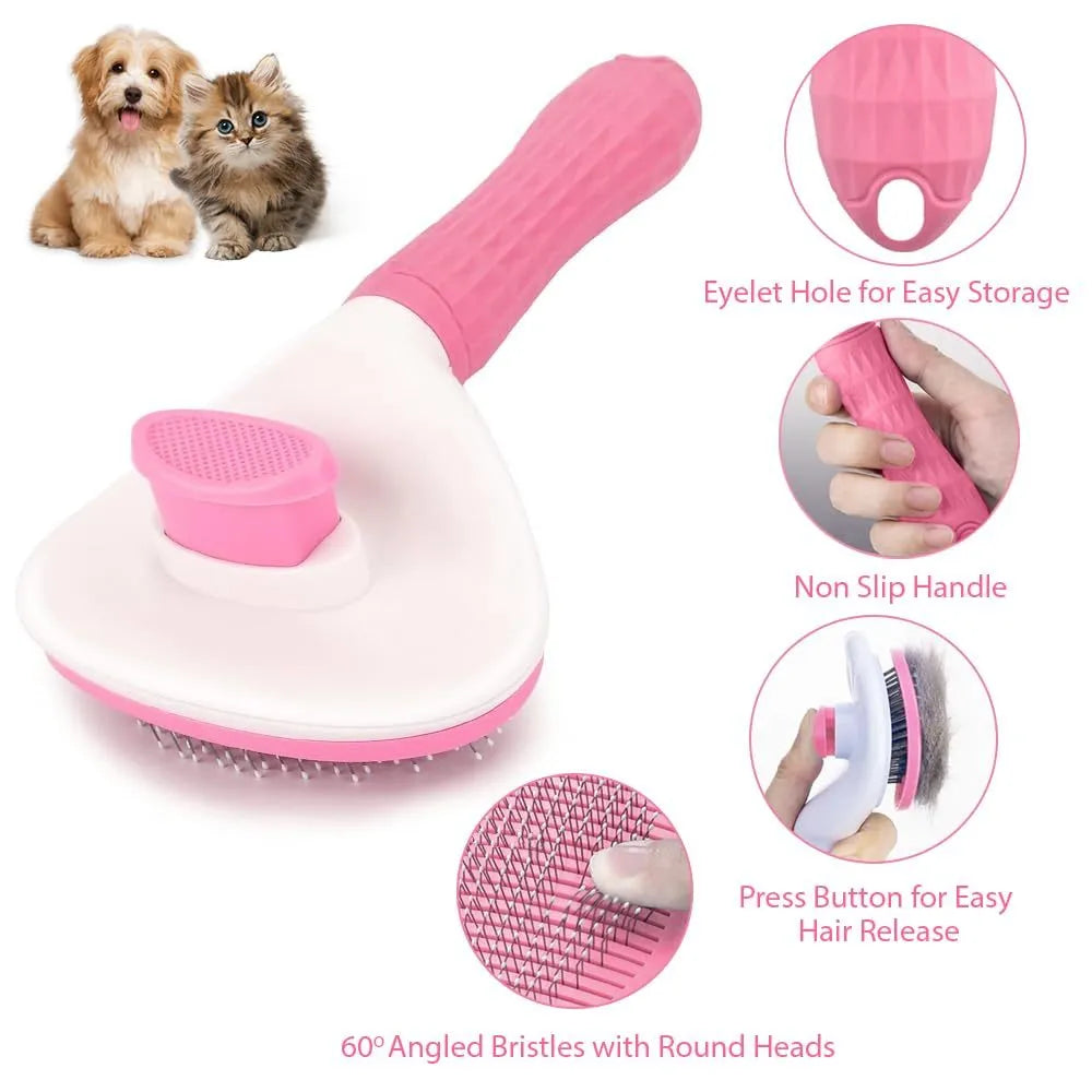 Blue cat grooming brush with a release button for removing loose fur and tangles.