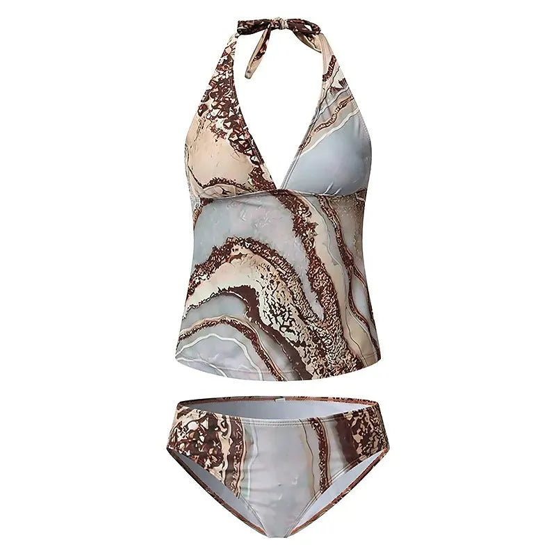 Brown women's polyester bikini set for swimming, showing top and bottom pieces
