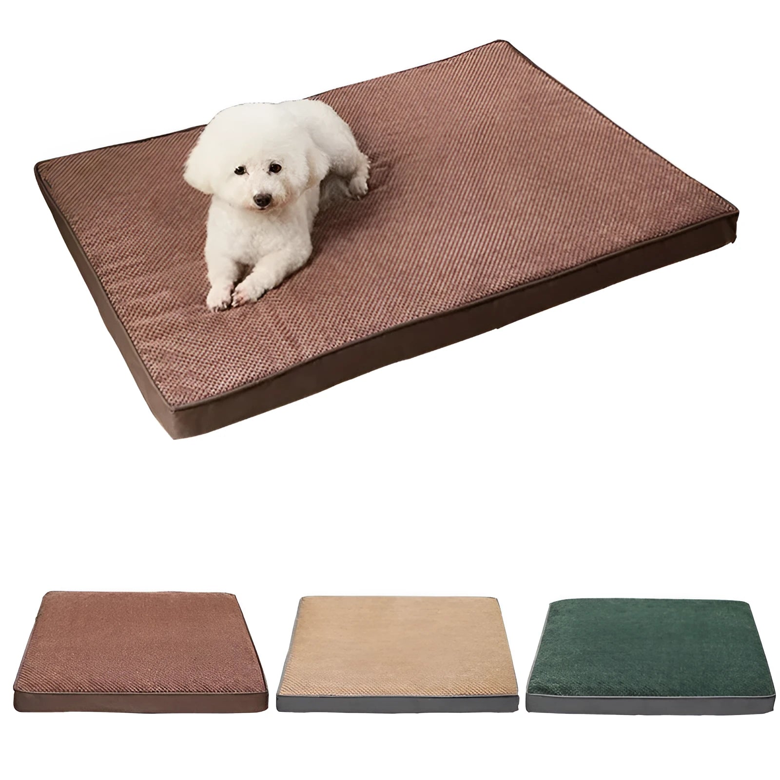 Pet memory foam mat with removable cover in grey, coffee, green, and khaki colours, four sizes
