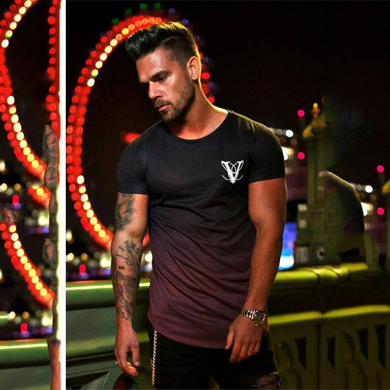 Cotton muscle fitness top in black yellow, black red, black blue, or white, sizes M to XXL