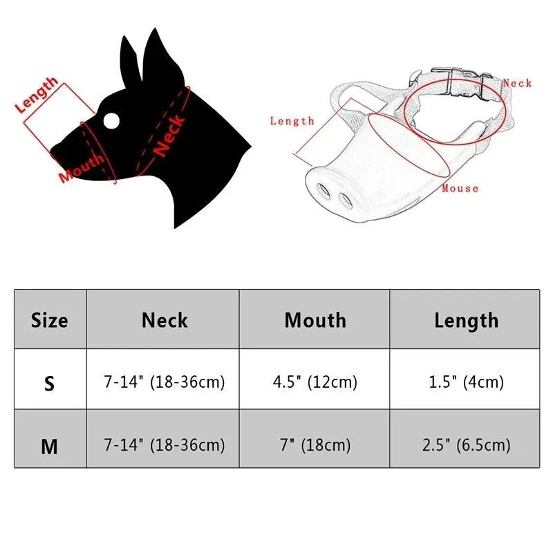 Green silicone anti-bite mouth cover for dog with long snout, showing size comparison