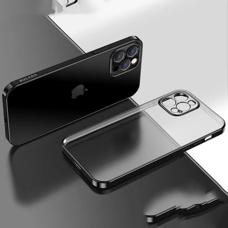 Ultra thin square frame clear matte iPhone silicone case showing blue, green, purple and yellow colour options