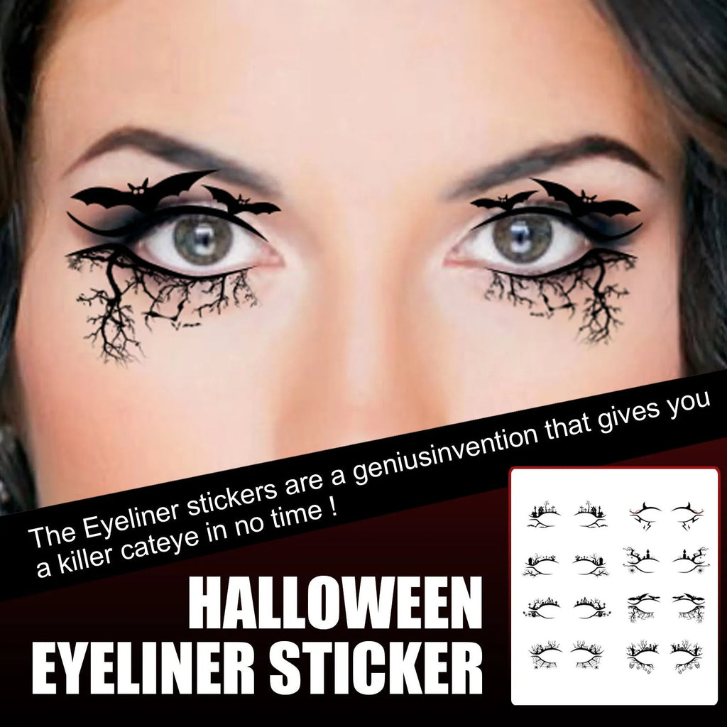 Pack of 8 pairs of bat and spider decorative eyeliner stickers for gothic makeup.