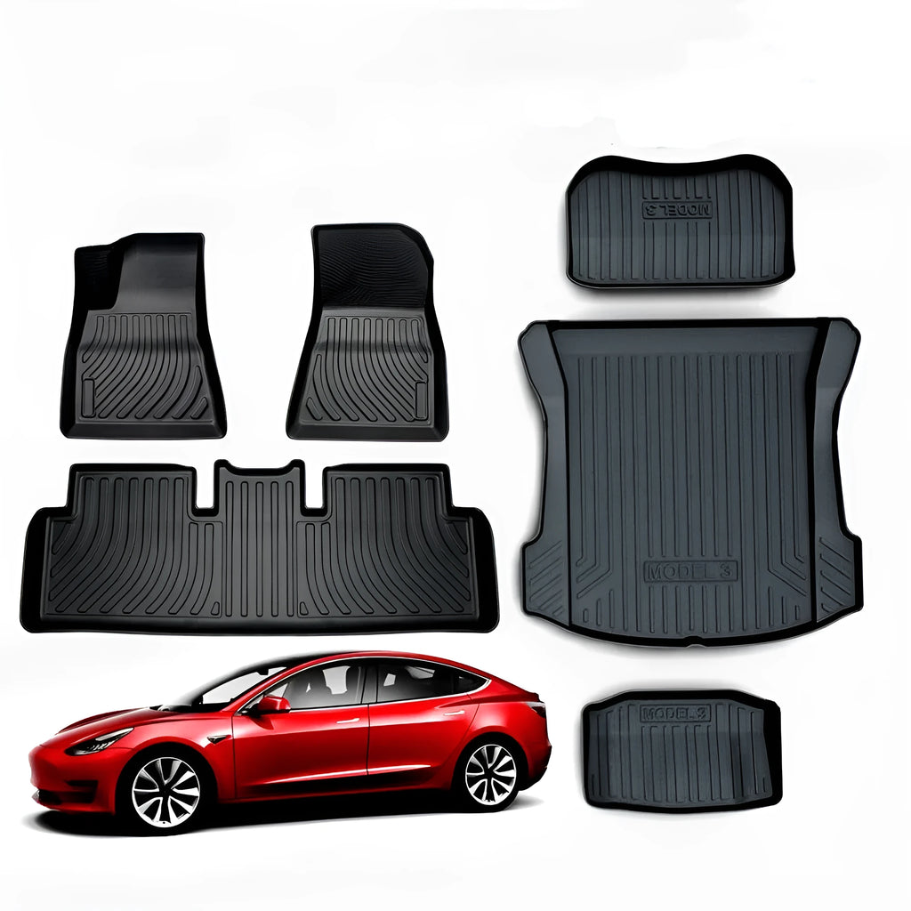 Black rubber floor mat with TPE footrest for Tesla Model 3, Y, S, and X cars