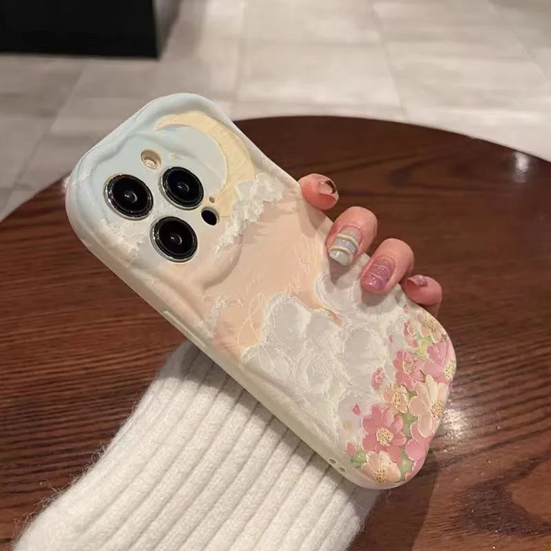 Cream Shell white TPU iPhone case with sea-of-flowers-on-cloud design, all-inclusive cute niche cover