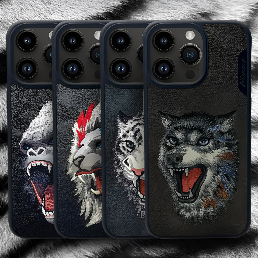 Red embroidered lion design TPU mobile phone case for iPhone 15 Pro Max on a surface