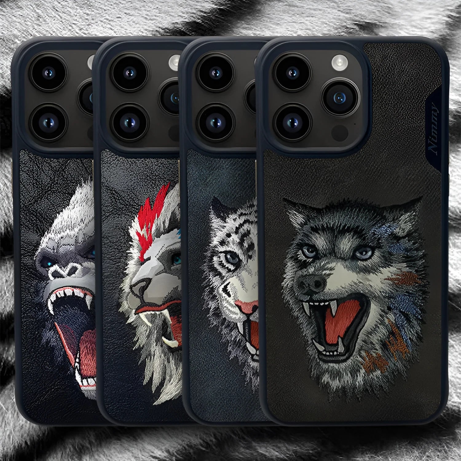 Red embroidered lion design TPU mobile phone case for iPhone 15 Pro Max on a surface