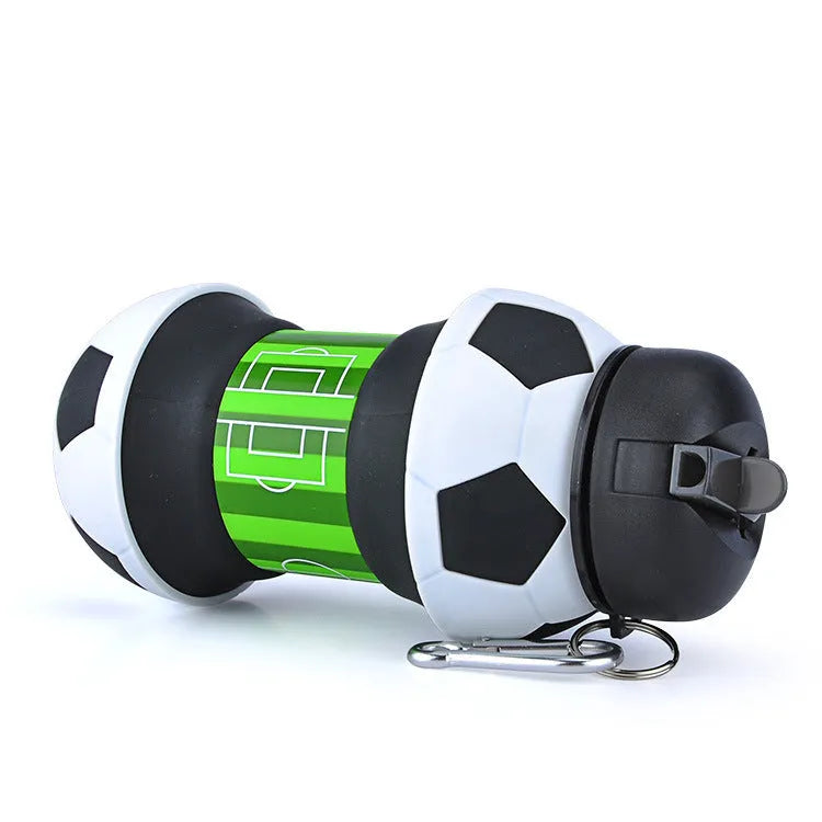 White football silicone collapsible water bottle with straw, 18oz BPA-free, leak-proof spout and carrying clip