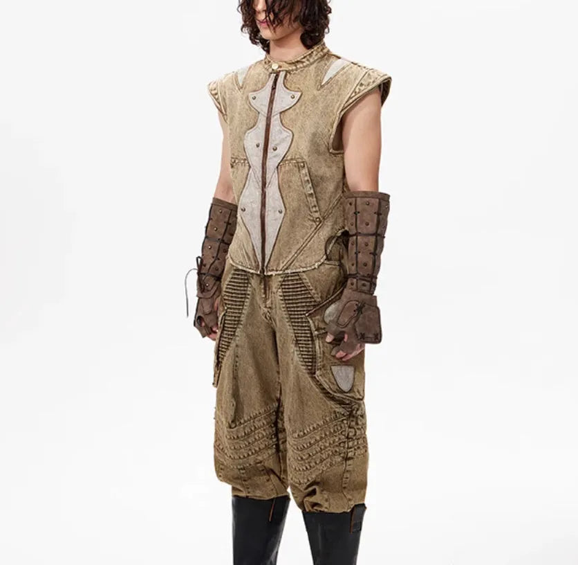 Men's picture colour cotton denim pleated vest in a refined Korean style, shown on a hanger.