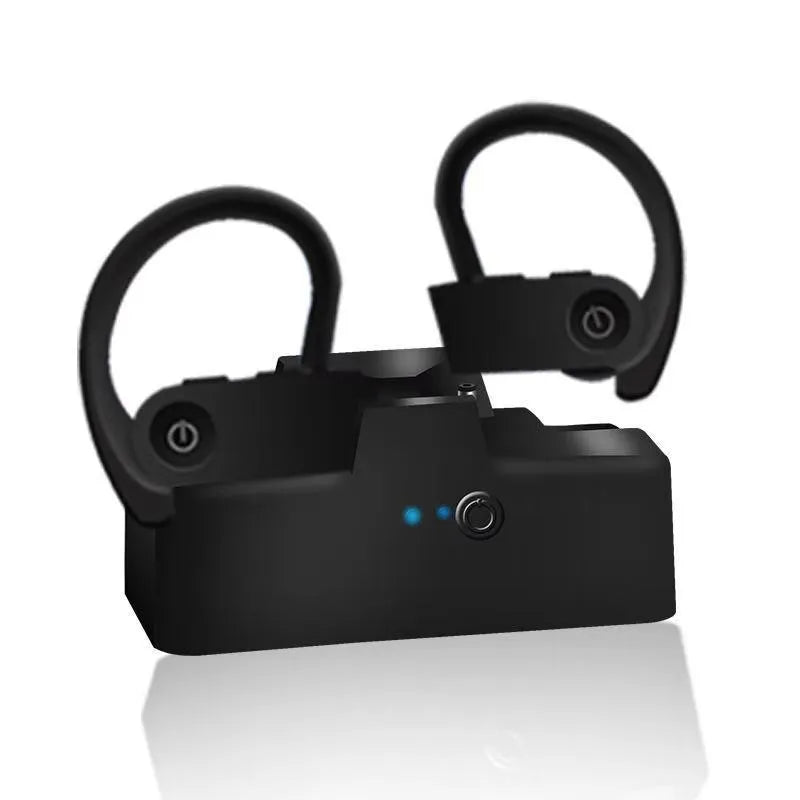 Ear hook sport wireless headphone in black with stereo sound and voice control for active use
