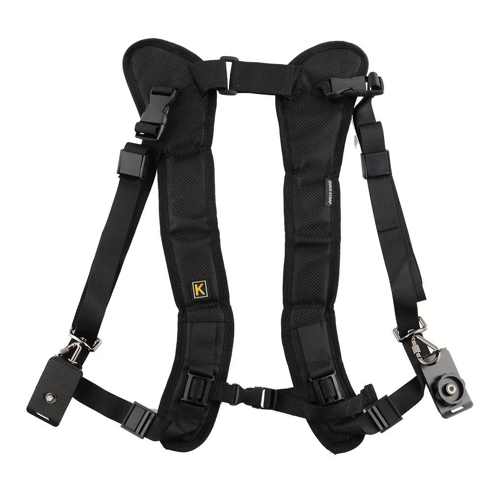 Black professional dual SLR camera shoulder strap with padded adjustable straps