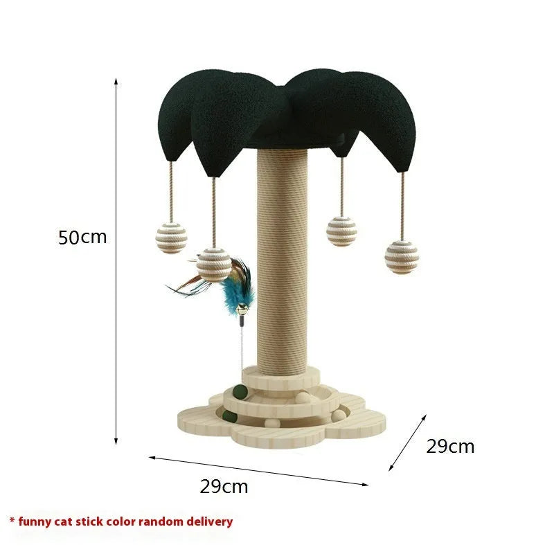 Solid wood cat climbing frame with rotating turntable and sisal scratching post in a panda design.
