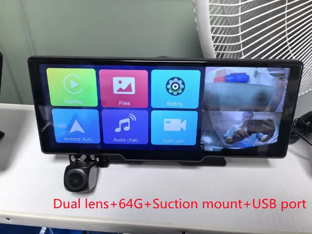 Black car navigation device with 1026-inch touch screen showing split screen display of maps and camera footage