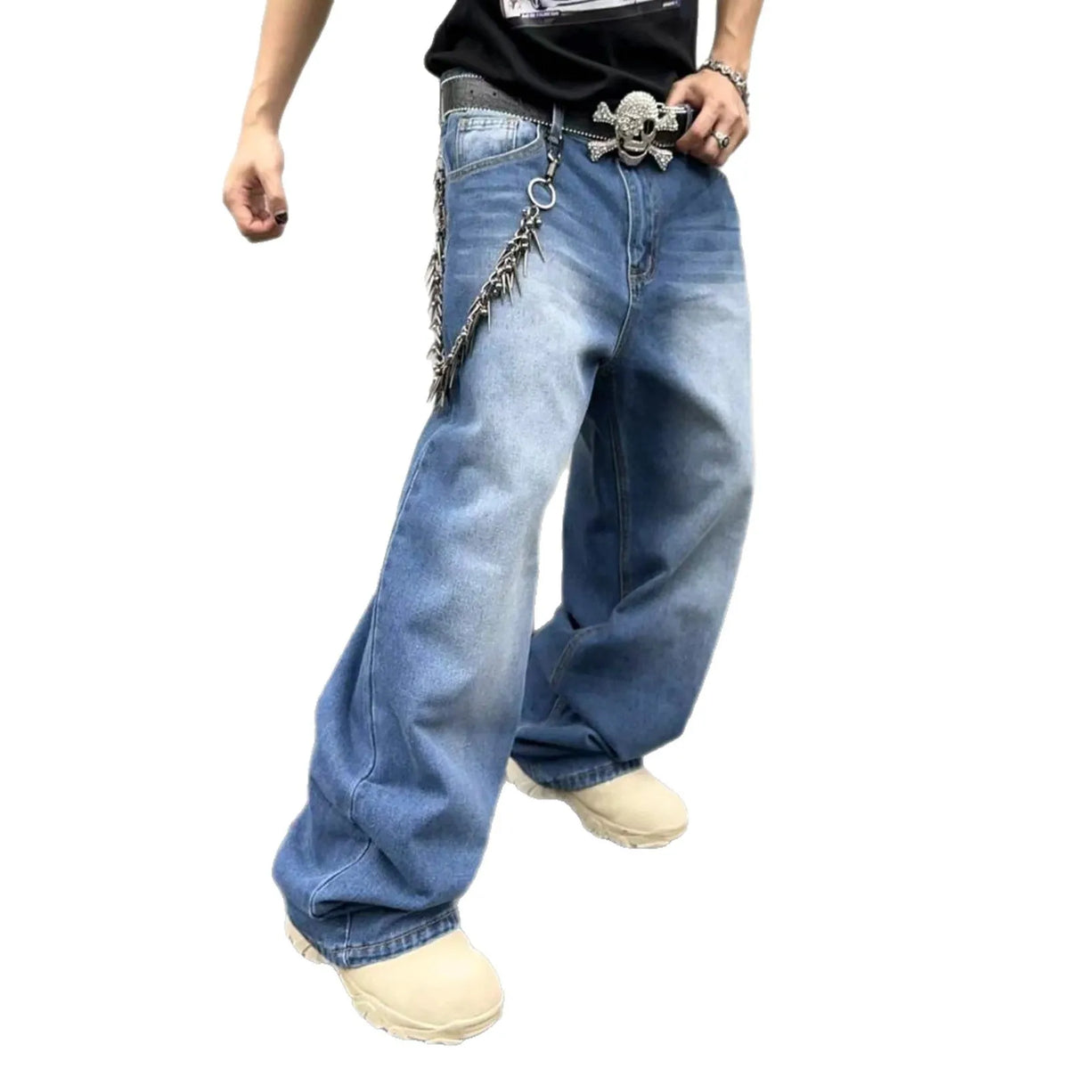 Men's sky blue straight leg jeans in cotton denim with loose fit, zip fly and casual style