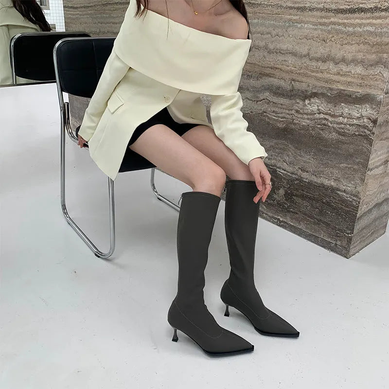 Women’s black pointed toe below the knee boots with 5cm heel and back zipper