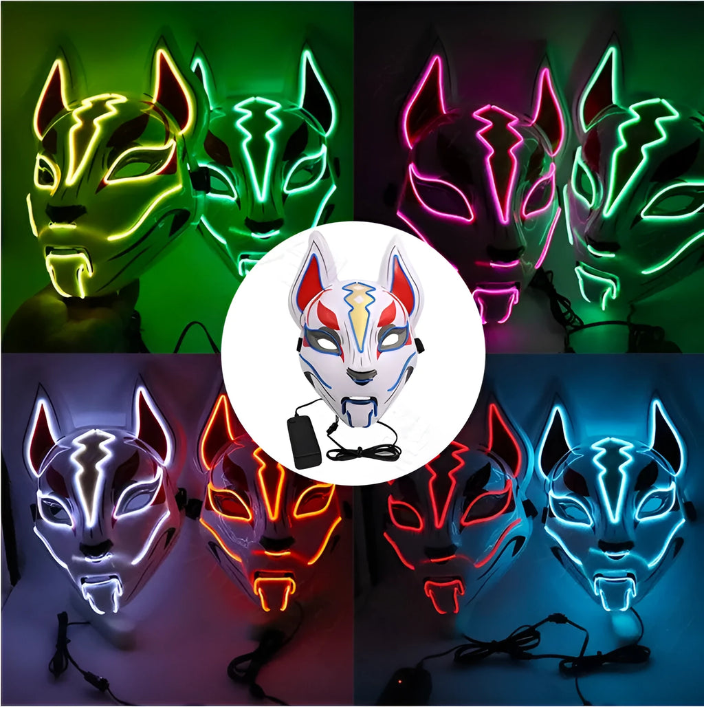 Glowing cat face mask for women, 28cm x 18cm cold light fox mask with four lighting modes, cosplay accessory