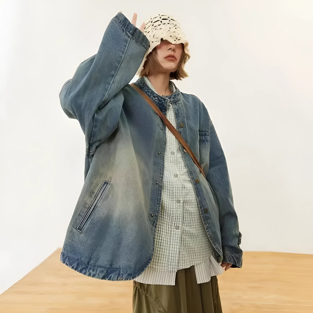 Loose casual commuting top for women, blue, long sleeve, straight hem, sizes M-2XL