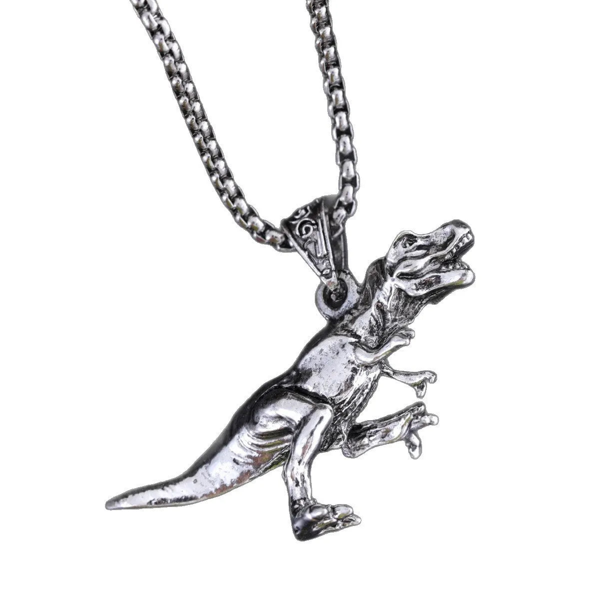 New Hip Hop Style Titanium Dinosaur Pendant necklace on display