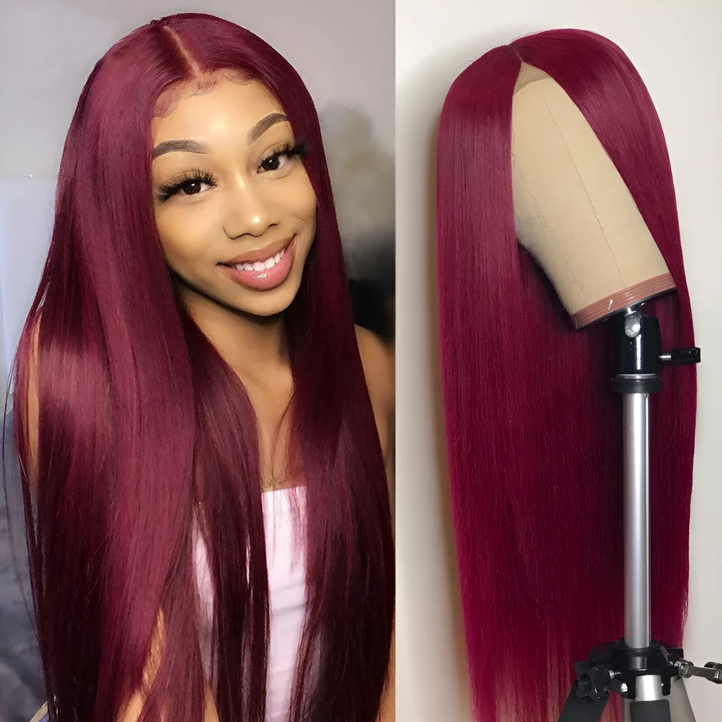 Wine red long straight wig for women, 70cm length, full mechanism, adjustable button net