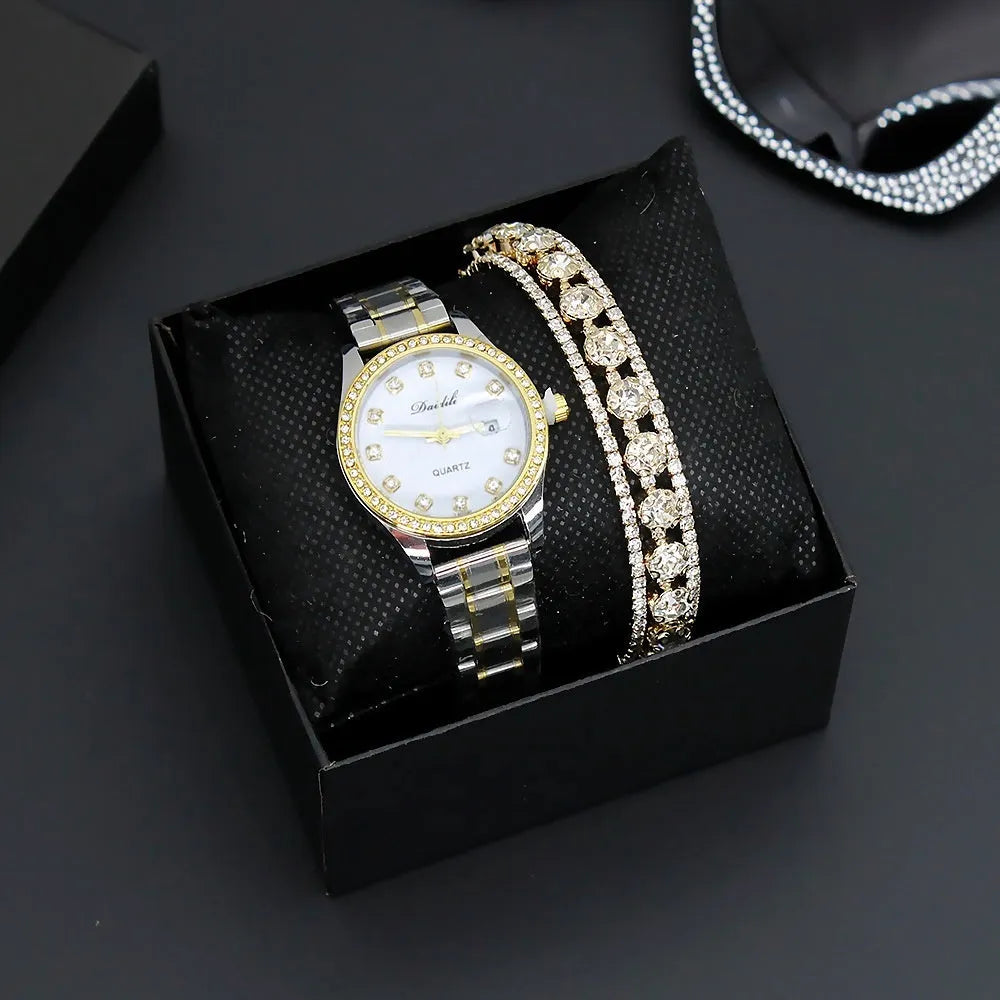 Women's fashion bracelet watch with gold or silver strap, three-row rhinestone detail, black or white face, 8mm case