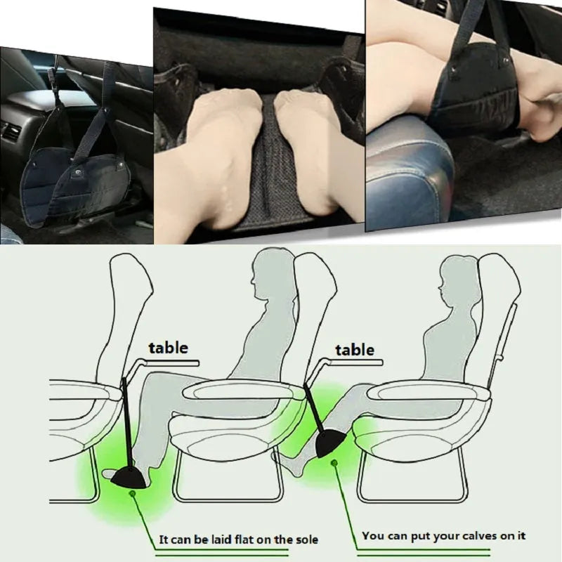 Black Oxford cloth portable footrest hammock with adjustable slings on both sides, 41 x 22 cm