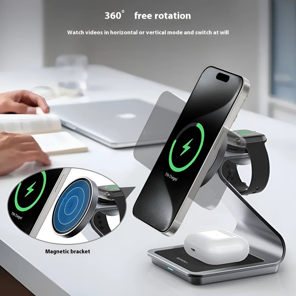 3-in-1 metal magnetic wireless charger stand charging iPhone, Apple Watch and AirPods on desk